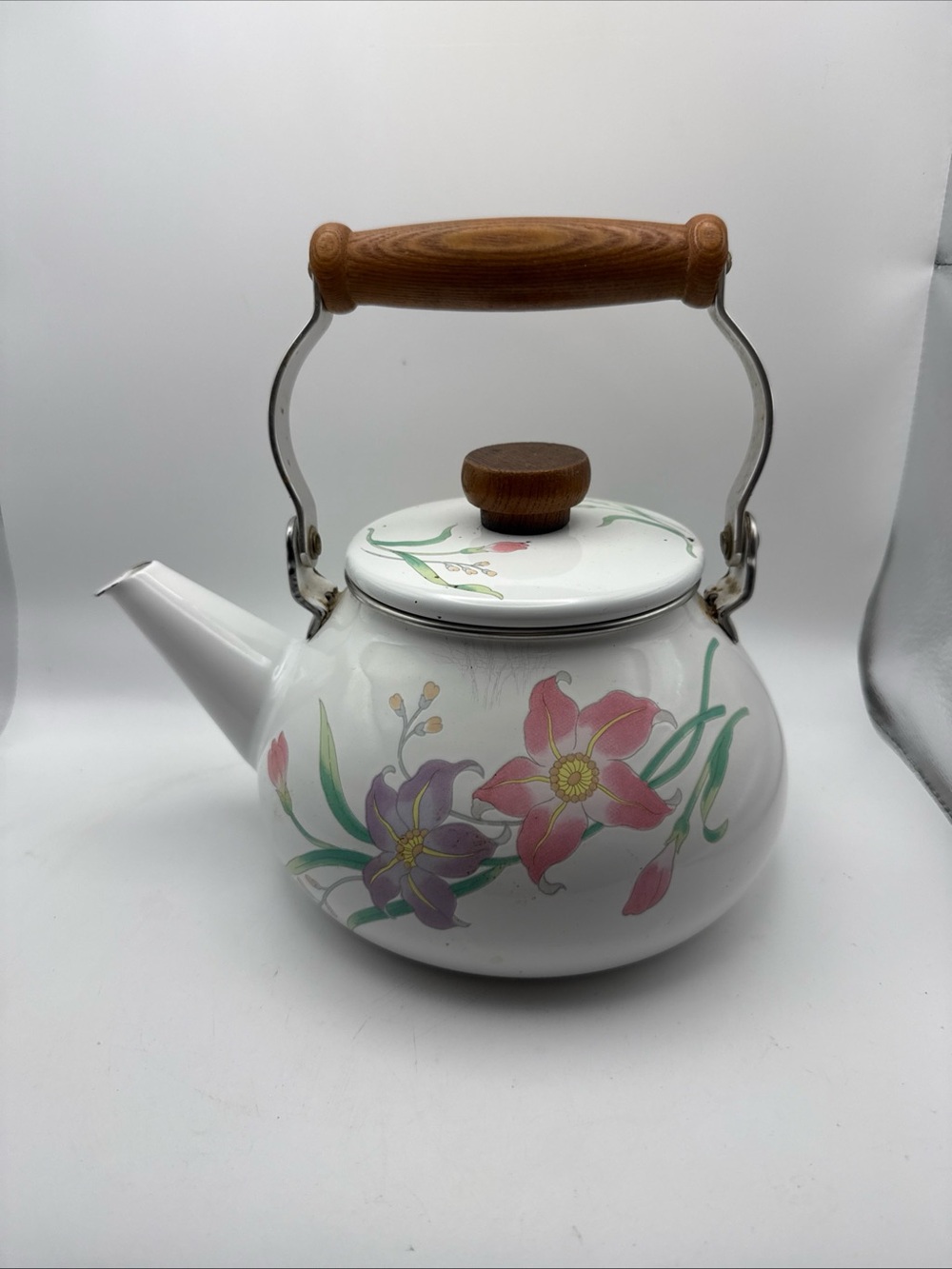 Vintage Floral Enamel Tea Kettle Wood Handle Cottagecore Farmhouse Decor Grandma